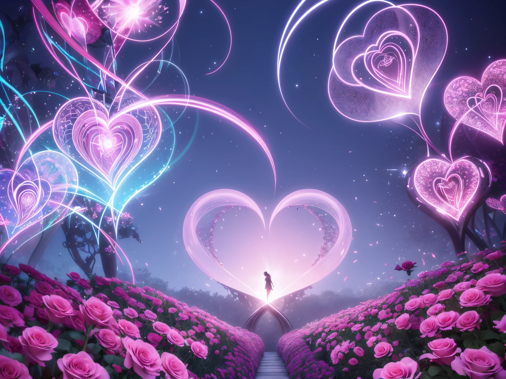 Imagine a scene where 3D hearts and roses materialize in a surreal quantum garden, each petal and heart pulsating with fractal energy, symbolizing the infinite facets of love. enormous tits
