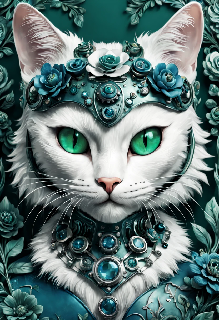 Mechanical cats,photorealestic,anthropomorphic cat,Role setting,Ultra-detailed graphics,Delicate face,8K,MagazineCover,Floral background decoration,intense color contrast,The color is dark,Blue-green-white tones