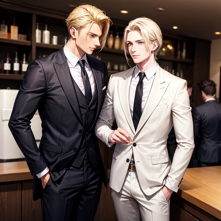 A well dressed man, in a suit with blond hair, standing next to a sweet type of man with black hair, in a casual