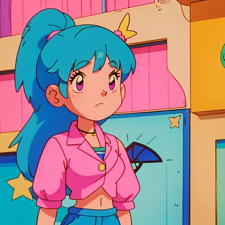 a blue haired cartoon girl with buns, a bang, and some hair left out in the back. a yellow star clip in her hair. she’s wearing a green and pink stripped shirt and the sleeves are also stripped with the same colors. a light tealish blue crop top over it with a pink tie and collar. with pink fishnets on her arm with yellow accents at the top.