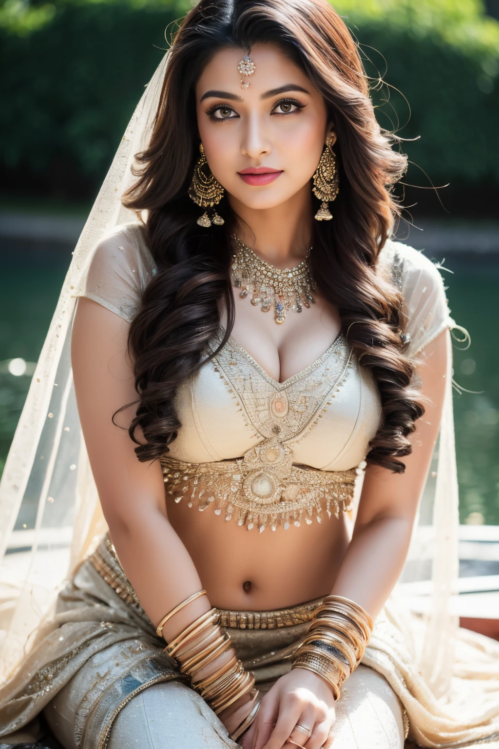 Portrait of A confident-looking indian princess from kamasutra with long flowing hair, beautiful eyes, without flowing capes, Cleopatra fabric with laces, c-cup breasts, sitting in grass, water background, bokeh, perfect composition, hyperrealistic, super detailed, 8k, high quality, trending art, trending on artstation, sharp focus, nude studio photo, intricate details, highly detailed, realistic