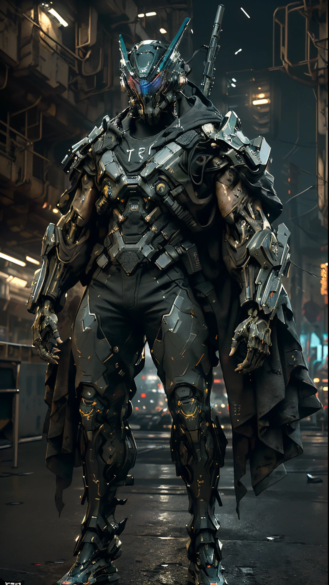 a cinematic action shot of a cyberpunk muscled special forces cyborg, helmet with holographic optics, dark dystopian science fiction aesthetic, dystopian city in background, at night, dynamic angle, cinematic lighting, highly detailed, hyperrealistic, (full body:1.2)