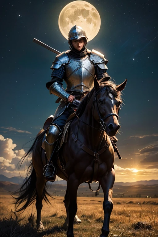 dnd, Dunkle Kunst, Hirngespinst, 1 beautiful warrior rider on a horse in love rides to a large medieval castle, Margot Robbie, Langes lockiges Haar, He wears heavy plate armor with Lord of the Rings-style decorations, Highly detailed, Halten Sie eine (Speerspeer:1.1) In ihrer Hand, ((Blut)), Schroffe Landschaft, Sonne, nightfall, Blitz, fallen 1soldier on the ground, Sterne am Himmel, Mond und Mondlicht, Dynamische Pose, drastic atmosphere, filmischer Hintergrund, (Meisterwerk:1.2), hight resolution