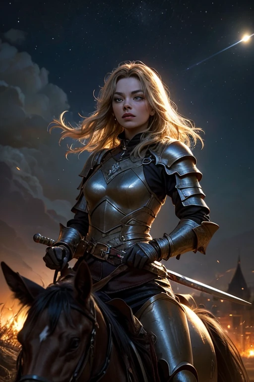 dnd, Dunkle Kunst, Hirngespinst, 1 beautiful warrior rider on a horse in love rides to a large medieval castle, Margot Robbie, Langes lockiges Haar, He wears heavy plate armor with Lord of the Rings-style decorations, Highly detailed, Halten Sie eine (Speerspeer:1.1) In ihrer Hand, ((Blut)), Schroffe Landschaft, Sonne, nightfall, Blitz, fallen 1soldier on the ground,  Sterne am Himmel, Mond und Mondlicht,  Dynamische Pose, drastic atmosphere, filmischer Hintergrund, (Meisterwerk:1.2), hight resolution