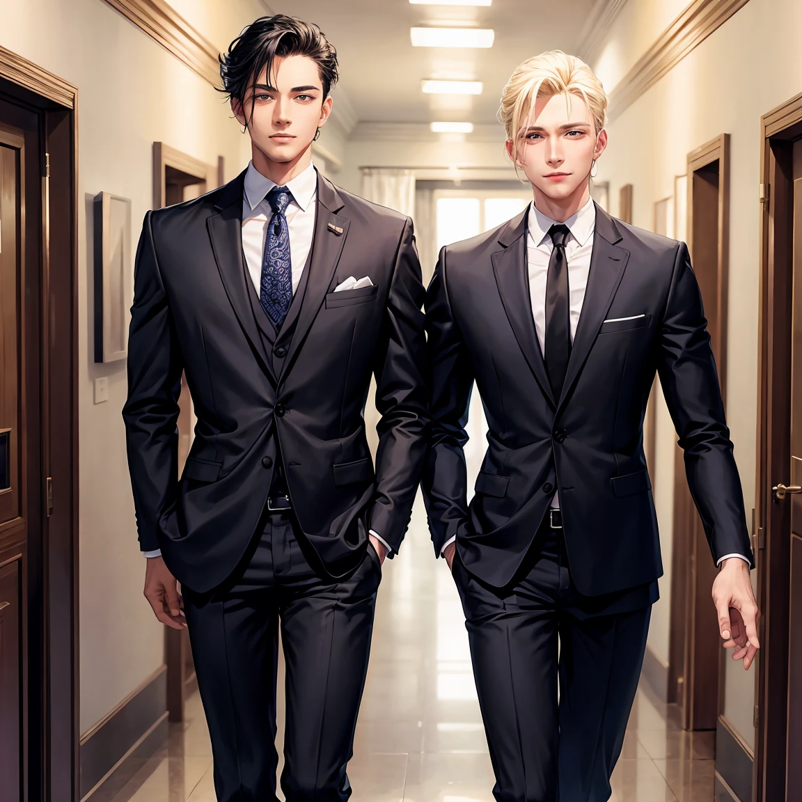 A well dressed man, in a suit with blond hair, standing next to a sweet type of man with black hair, in a casual clothes