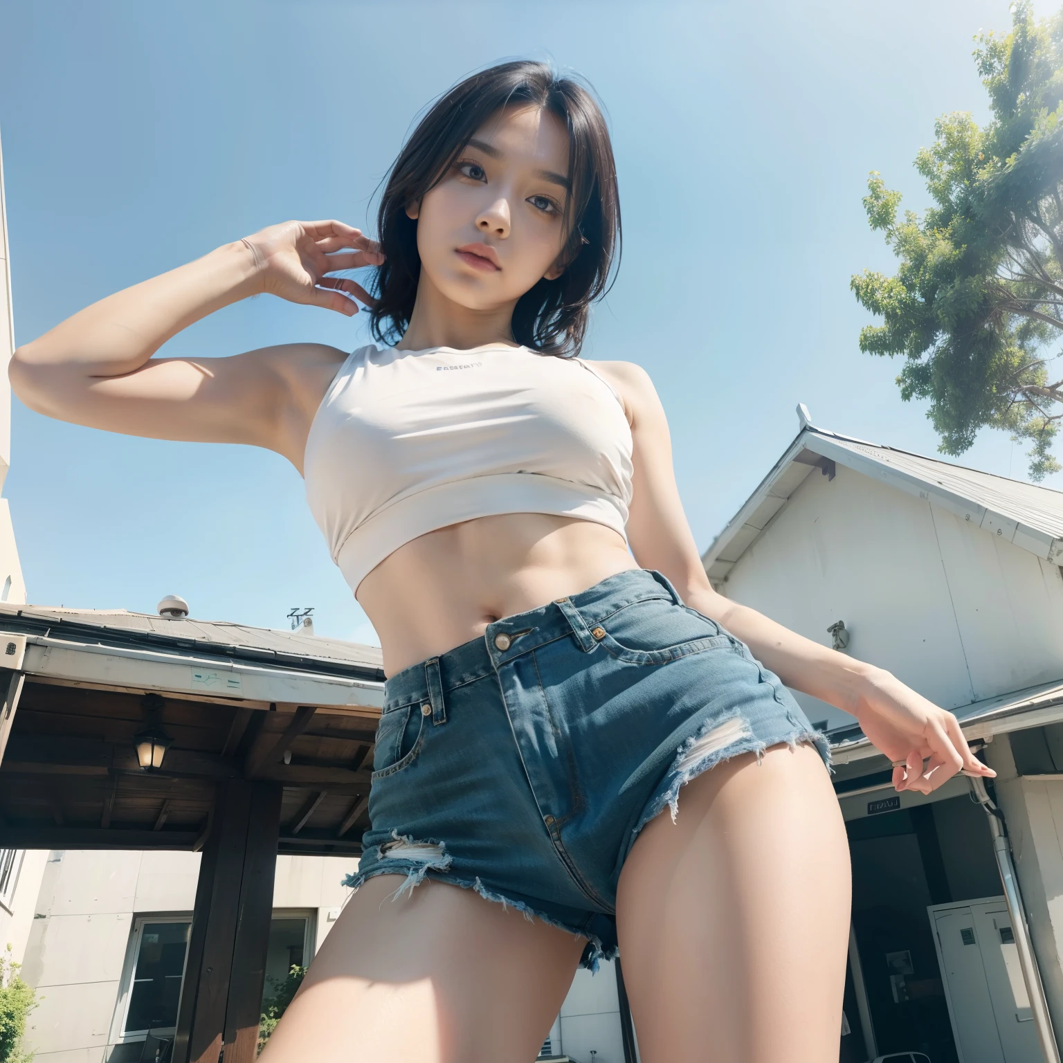 8K, masterpiece, best quality, photorealistic, ultra-detailed, 1 girl, athletic body, realistic skin texture, medium breasts, gaze at viewer, cropped shirt, skinny T-shirt, tank top, underboobs, under boobs, micro mini skirt, hot pants, shorts, movie lighting, face focus, fine eyes, detailed face, well lit face, day light, outdoor cafe in background, low angle shot, view from below