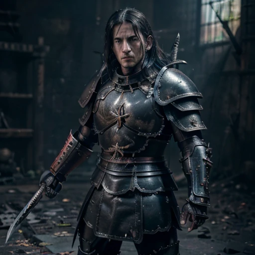 ((masterpiece))), (((best quality))), ((ultra-detailed)), (hyper-realistic), (highly detailed CG illustration), cinematic light, photorealistic, man, fierce warrior roaring in the midst of a chaotic battlefield, damaged armor, broken sword, blood stain on armor, depth of field, HDR, intricate, dramatic