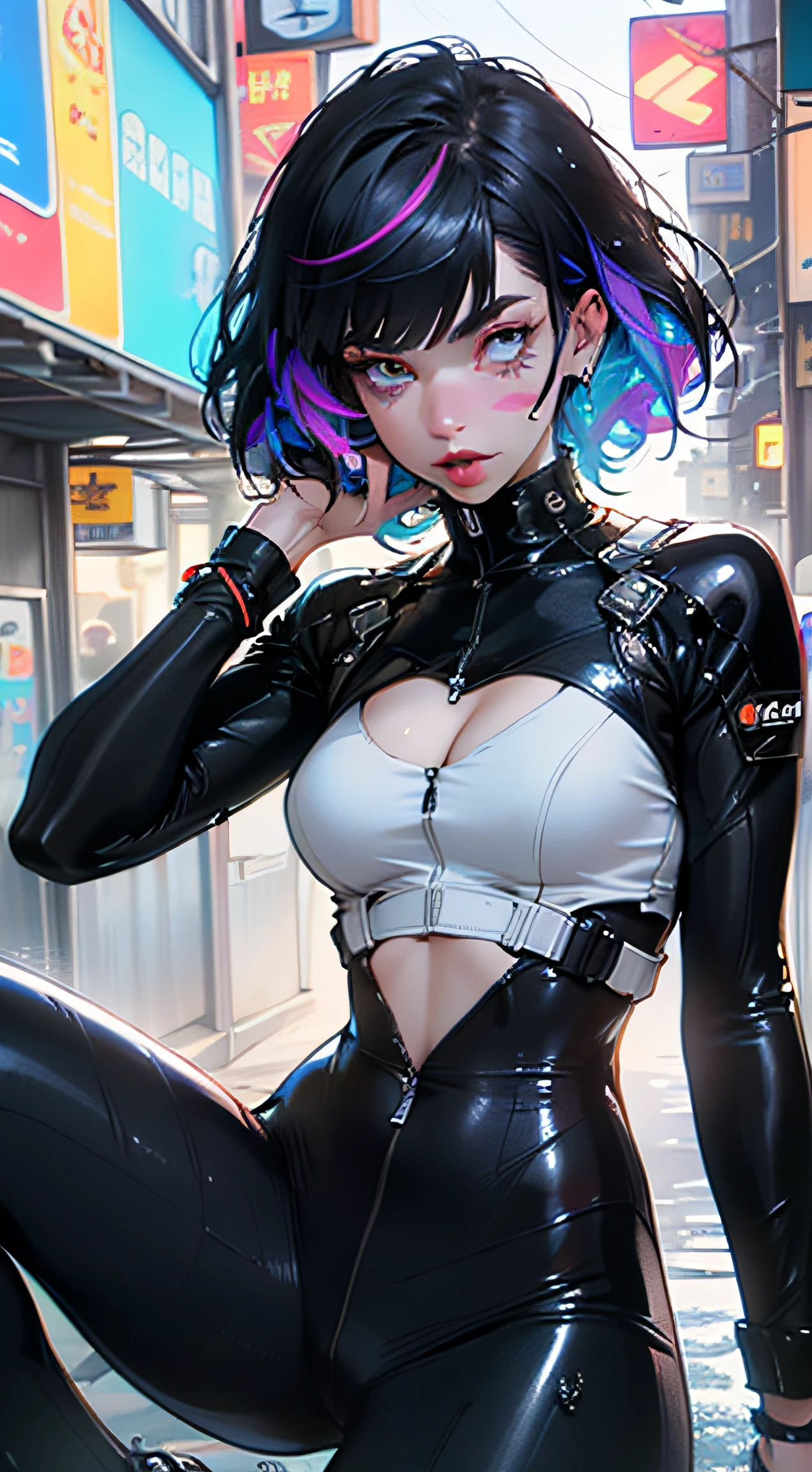 Mulher 30 anos (Dua Lipa pov), short hair, cabelos brancos, preenchimento labial, lips sexy, Big Lips, regata preta bem fechada, cyber accessories, jaqueta branca Cyberpunk desabotoada, black cybernetic bodysuit, big black pants, Beautiful, seios pequenos, pose sensual, olho azul, neon lights, Cyberpunk, bumbum pequeno, luz de fundo, pele molhada, Garota Cyberpunk, olhos cristalinos, pintura facial, ((cabelos estriados)),(gradient color eyes),(((olhos coloridos))), ((franja de cabelo:1.3)),((franja)),(((neon rainbow eyes:1.3))),olhos intrincados,belos olhos detalhados,symmetric eyes,((gordura)),(((Pele Lustrosa:1.5,pele brilhante: 1.5,pele bronzeada,pele brilhante,pele muito brilhante,corpo brilhante,plastic glitter skin,pele brilhante exagerada,pele iluminada,pernas molhadas))),(abdome inferior da aranha,cintura estreita,quadril largo,corpo atletico,pernas infladas,corpo detalhado,(Rosto detalhado)), fofo,Sacanagem,Erotic,((NSFW)), white cybernetic suit,absurdos,pernas longas,clivagem,(((roupas molhadas,roupa intrincada,roupas intrincadas))), (Pose hipnotizada:1.0),Hipnotizado,(Centrado,scale to fit dimensions,rule of thirds), Cyberpunk city by the sea at night, with bright neon signs and dark stormy clouds and puddles, scenecy:1.25,noite, Noite estrelada, Cosmos,Noite muito escura que faz as luzes neon se destacarem, Very bright neon lights,noite, Noite estrelada, Cosmos, Artistic photography,(Fotografia tirada por SLDR),Altas, foco nítido,(ultra detalhado, extremamente detalhado), (Arte Fotorrealista:1.37),(extremamente detalhado CG unidade 8k papel de parede),((Tema de fundo synthwave)),(((cores vibrantes))),intrincado,(fundo intrincado),(master part),(best quality),rosto renderizado perfeito,Detalhes perfeitos do rosto,Rosto realista,foto realista,analogue style,((detalhes intrincados)),(((realismo))),