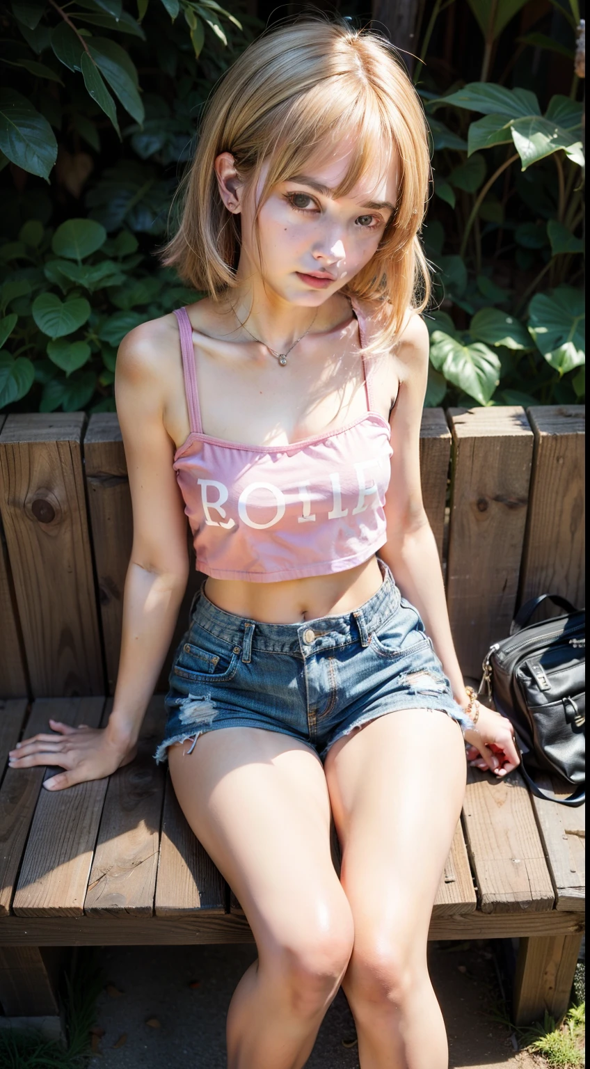 Female sitting on a bench, short shorts, pink tanktop