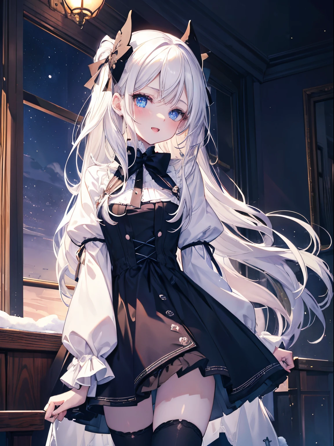 masutepiece, Highest Quality, (Perfect face:1.1), (high detailing:1.1), (ultradetailed eyes), Dramatic, superfine illustration, Extremely detailed, 1girl in, (pale skin), long white hair, Ethereal eyes, Blue eyes,tareme, (light eyebrow),blush,Solo,Smile, Happy, Laugh, Enjoy, Open mouth, Pouty lips,Cinematic lighting, Looking at Viewer, Cowboy Shot,Winters,Snow,Long sleeve, Gothic lolita, frilld, bow ribbon,Head dress, knee high socks,(Room),Night atmosphere, Starry Night