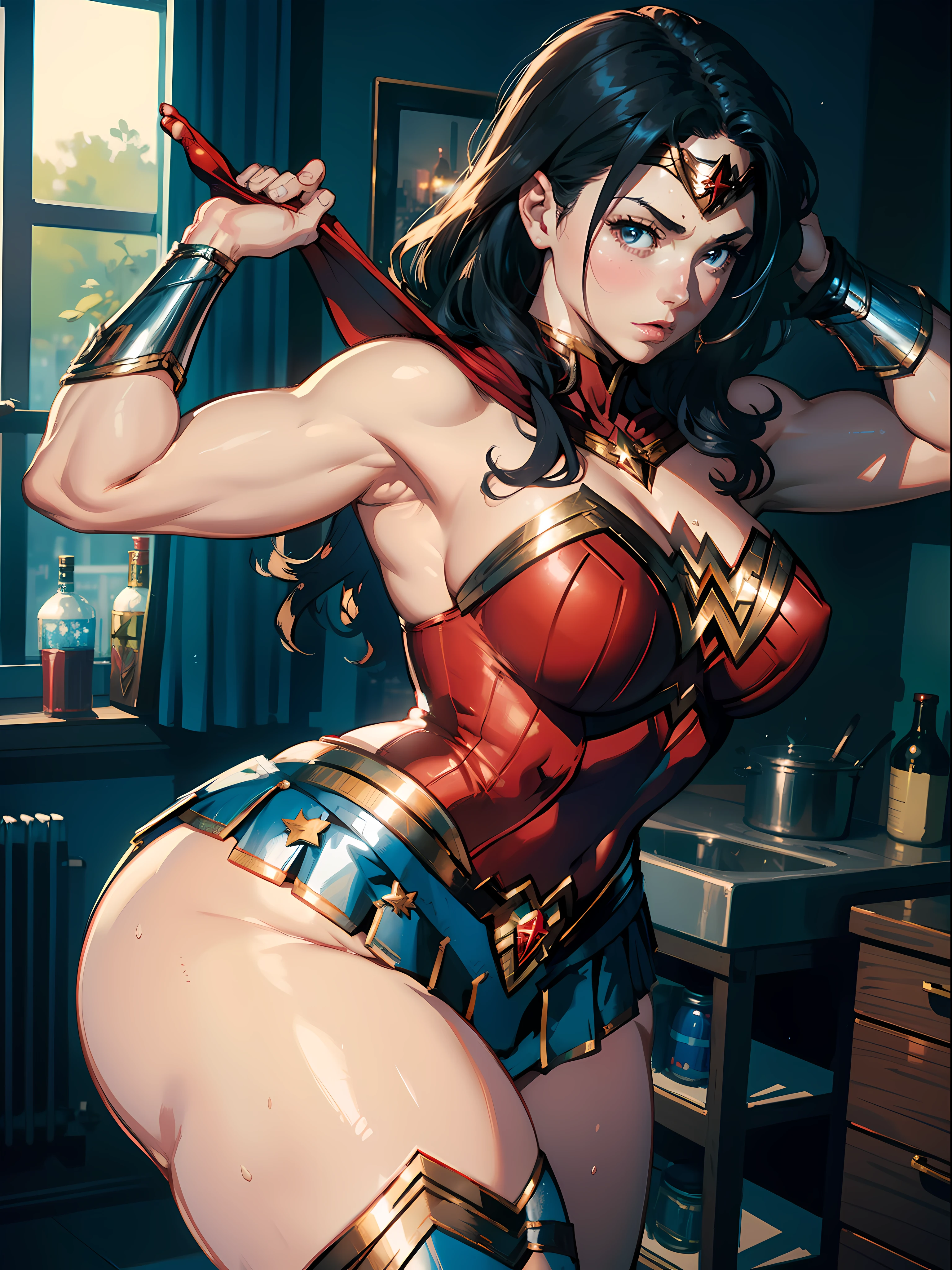 Wonder Woman, very muscular, curvy, large breasts, thick thighs, long legs, feet in frame, red leotard, blue skirt, silver cuffs, large breasts, arched back, large booty, sweaty,