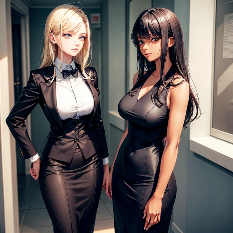 A well dressed woman, in a suit with blond hair, standing next to a sweet type of woman with black hair, in a sundress