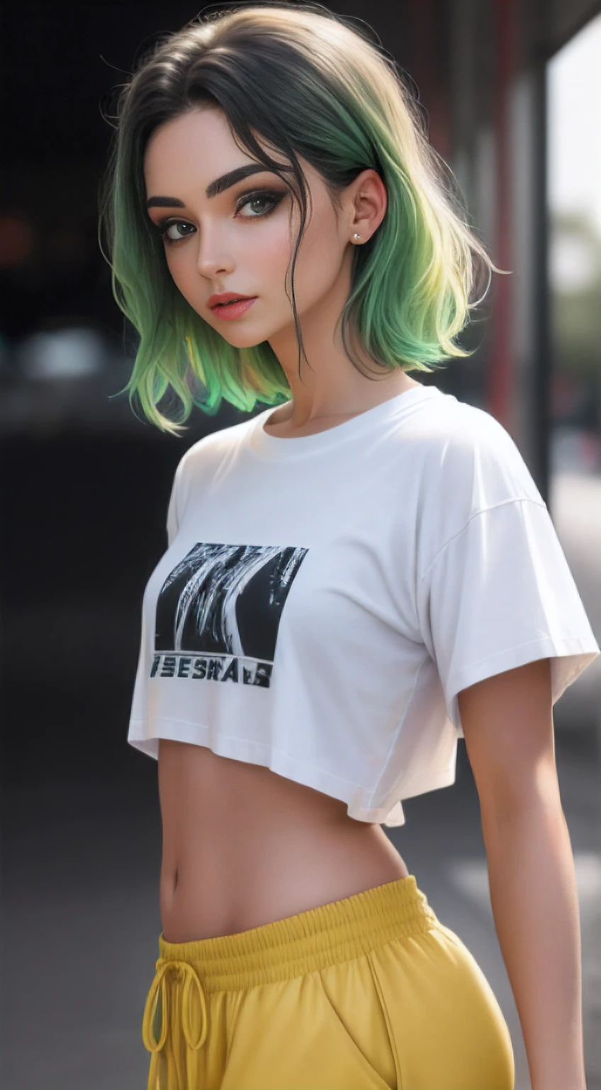 1chica llamada Sarah con el pelo largo y rubio blanco, cabello suelto coloreado, Peinado largo, Cara dealtoada perfecta, joven bonita chica blanca, Modelo de techo caliente, Dealtoed symmetrical light green eyes with circular irises, Beautiful, caminar y posar, mirar al observador, 26-year-old girl, Se parece a la cerveza Madison., Cara extremadamente dealtoada, modelo, realista, vida real, foto perfecta imagen realista, realista, , Figura de reloj de arena, stunning realistic photograph, Dedos dealtoados, Cara realista dealtoada, dedos bonitos, real human nails, Chica extremadamente atractiva, piel bronceada perfecta y dealtoada, small eyes, perfect, high-profile face with realistic complexion and skin with small pores, small-nose, modeloo de fotografia, Postura perfecta, Extremidades naturales, piernas largas, tall symmetrical eyeballs, eyes symmetrical, Globos oculares realistas, Ojos realistas y dealtoados, lindos labios cerrados y regordetes, maquillaje, sin cuello largo, sin cintura larga, cuerpo proporcional ideal, mirada seductora, looking in the direction of the viewer, Rasgos faciales cautivadores, alto, Dos brazos, dos patas, una cabeza, tiny breasts, cuerpos naturales realistas, Sombras realistas, Mystical Lighting, 8k, UHD, ((Cuerpo frente al espectador, showing to the camera)),
 "Gran angular", Toma de cuerpo completo, Pose completa, (photo studio white background), poco seducir, light cinematic, Centered hipereallistic cover photo, Impresionante a todo color, Kinematic, neopreno, Ganador del concurso Behance, Retrato presentado en Unsplash, Arte digital estilizado, Suave, ultra-high def, wearing an oversized long white t-shirt untucked and black sweatpants Acronym J36-S (Camiseta solo color blanco), Zapatillas blancas y negras, Modelo de Instagram, 80mm ,  streetwear , realista,redondo,realhands, realista