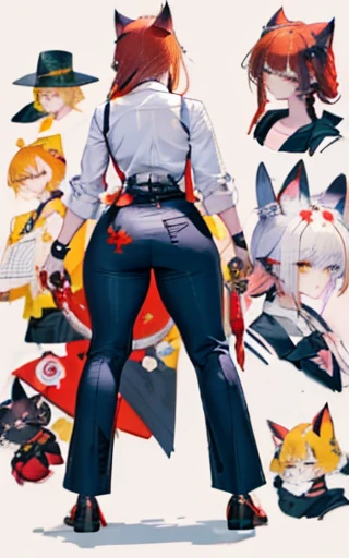 (Masterpiece: 1.5), (Best Quality: 1.5), Perfect Eyes, Perfect Face, makima, taut black pants, white button up shirt, black tie, red hair, yellow eyes, thicc, cat ears, cat tail, chainsaw man series, reference sheet, (fantasy character sheet, front, left, right, back)