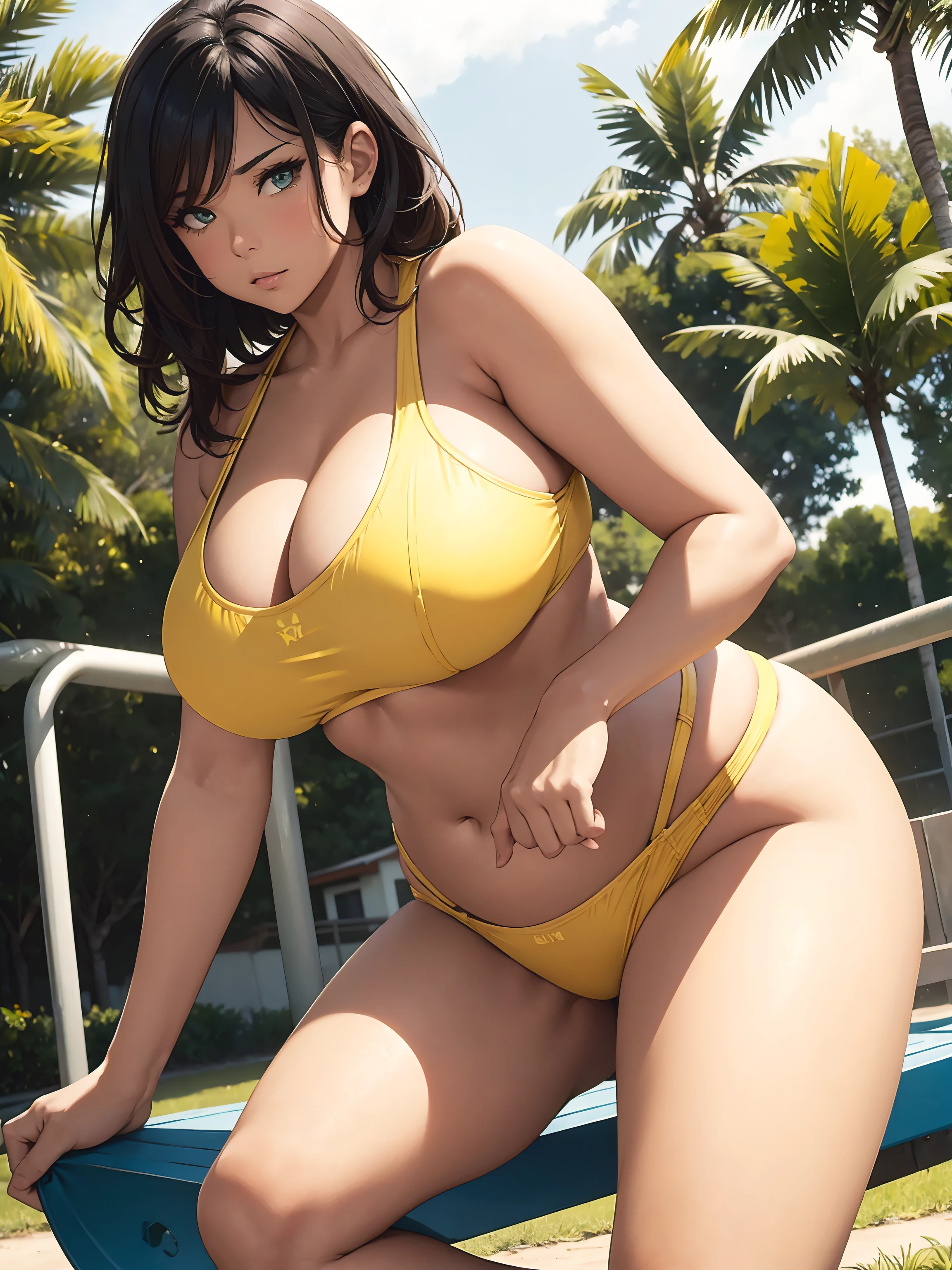 Voluptuous woman with a curvy body, wearing a yellow and turquoise sports bra, brief panty, in a park, bending down, rubbing herself with sun cream, depth of field, bokeh, low angle shot,