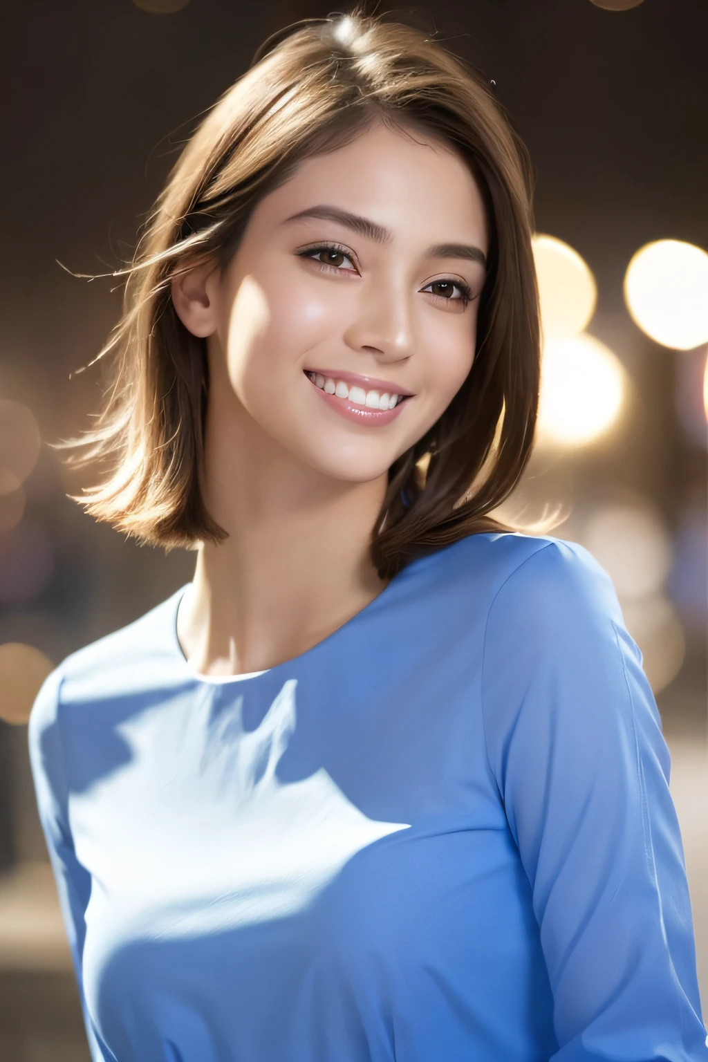 1girl in,(Wearing a blue blouse:1.2),(Raw photo, Best Quality), (Realistic, Photorealsitic:1.4), masutepiece, extremely delicate and beautiful, Extremely detailed, 2k wallpaper, amazing, finely detail, the Extremely Detailed CG Unity 8K Wallpapers, Ultra-detailed, hight resolution, Soft light, Beautiful detailed girl, extremely detailed eye and face, beautiful detailed nose, Beautiful detailed eyes,Cinematic lighting,city light at night,Perfect Anatomy,Slender body,Smiling