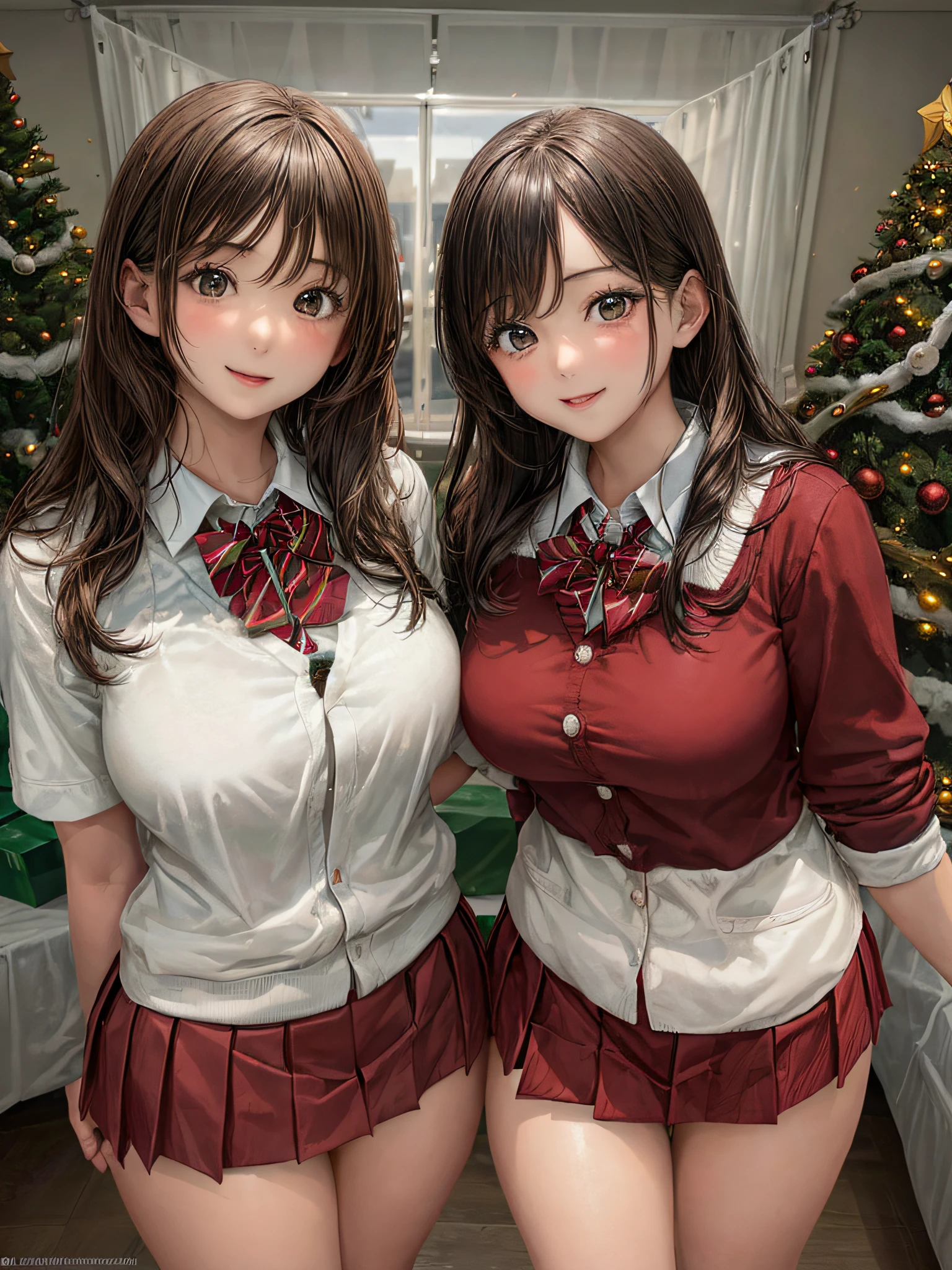 (2girls:1.4), Extremely cute, amazing face and eyes beautiful nice smile), (extremely detailed beautiful face), bright and shiny lips, (School uniform, Pleated skirt:1.3), (Best Quality:1.4), (hyper quality), (Ultra-detailed), (Hyper-realistic, Photorealsitic:1.37), Authentic skin texture, intricate-detail, extremely detailed CG unified 8k wallpaper, RAW Photos, professional photograpy, Cinematic lighting, Exposing, Christmas tree, Christmas Ornaments, Christmas Decorations, Christmas Lights, Christmas Lights,
