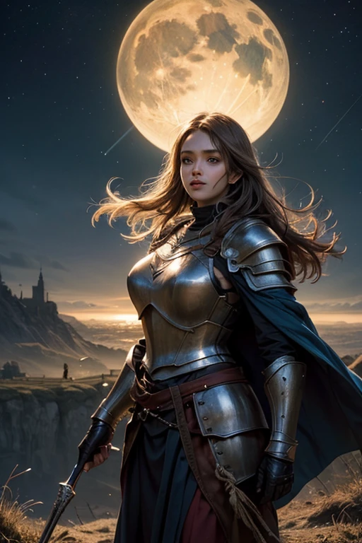 dnd, Dunkle Kunst, Hirngespinst, 1 beautiful female warrior in love walks to large medieval castle, pretty face like Jessica Alba, blaue Augen, mischievous smile, Langes lockiges Haar, He wears heavy plate armor with Lord of the Rings-style decorations, perfect hands, Highly detailed, Halten Sie eine (Speer:1.1) In ihrer Hand, ((Blut)), Schroffe Landschaft, Sonne, nightfall, Blitz, fallen 1soldier on the ground, Sterne am Himmel, Mond und Mondlicht, Dynamische Pose, drastic atmosphere, filmischer Hintergrund, (Meisterwerk:1.2), hight resolution