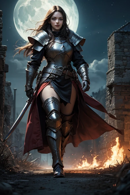 dnd, Dunkle Kunst, Hirngespinst, 1 beautiful female warrior in love walks to large medieval castle, pretty face like Jessica Alba, blaue Augen, mischievous smile, Langes lockiges Haar, He wears heavy plate armor with Lord of the Rings-style decorations, perfect hands, Highly detailed, Halten Sie eine (Speer:1.1) In ihrer Hand, ((Blut)), Schroffe Landschaft, Sonne, nightfall, Blitz, fallen 1soldier on the ground, Sterne am Himmel, Mond und Mondlicht, Dynamische Pose, drastic atmosphere, filmischer Hintergrund, (Meisterwerk:1.2), hight resolution