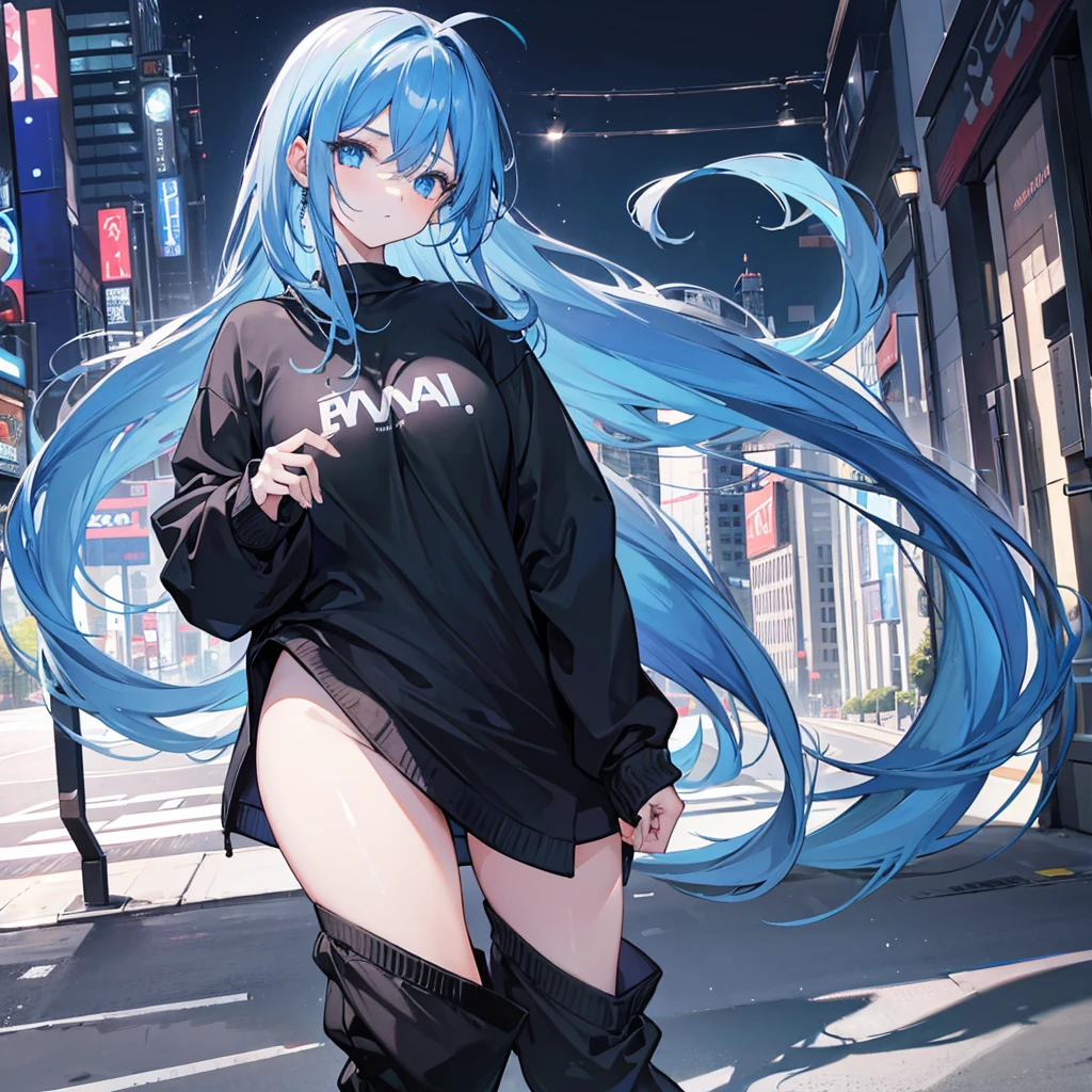 1 girl, long blue hair covering right eye, blue eyes, big chest, thick thighs, wearing black top, black sweatpants, city, absurdres, high res, ultrasharp, 8k, masterpiece, looking at viewer