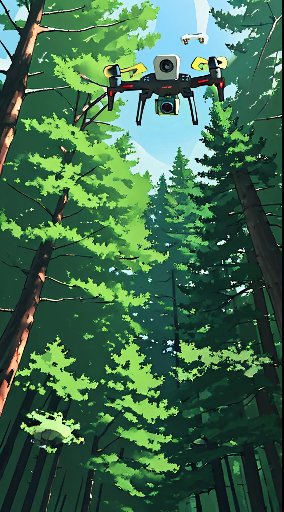 ((master piece, Highest quality)), ((a single drone)) flying in the sky, flying over a forest. Low angle camera capturing the drone from below.