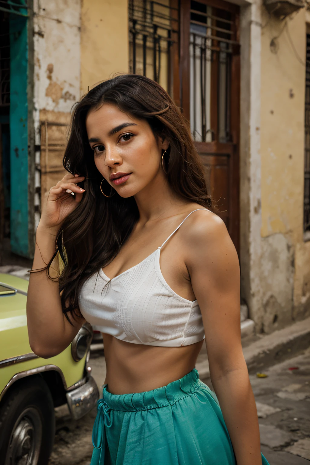 A stunning Cuban woman, her personality reminiscent of the timeless charm of Havana. Her eyes, filled with stories, eyes are a light shade of green, exuding wisdom with a touch of mischief. Her lips, rich and red, mirror the vitality of Cuban culture. Her hair, as dark and flowing as the Cuban night sky, frames her face. Dressed in a traditional Cuban outfit, vibrant colors seem to reflect the very spirit of Cuba. The environment around her showcases a blend of symbolic street scenes from Cuba—vintage cars, colorful buildings, and the heavenly blue sky