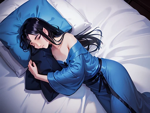 black hair, long hair, dolphin pants, dress shirt, light blue eyes, slim body, on the bed, Saxy