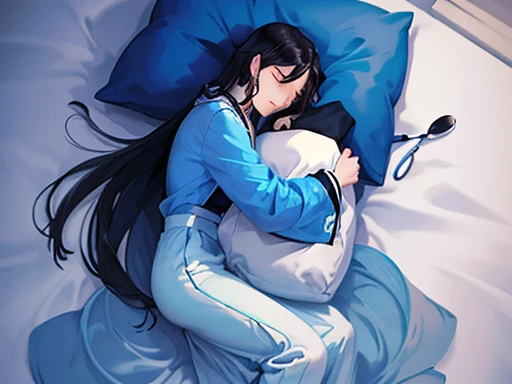 ((aesthetic))
man with (wery long black hair) dressed in blue pajama. hugs a pillow. sleep. closed eyes.
night. blue shades. blue light. white pillow. Night room. Bed. view from above.