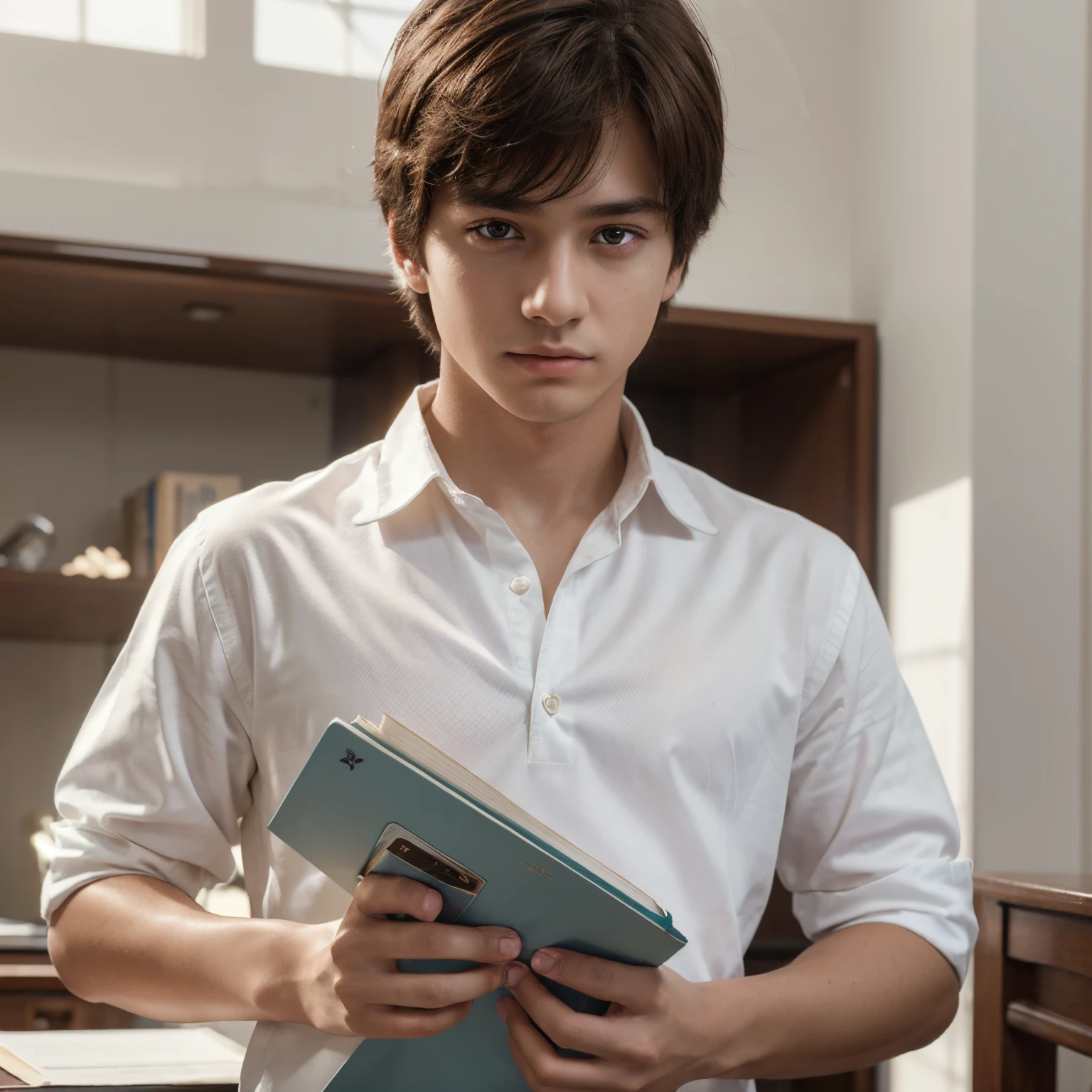 (tmasterpiece,high resolution,ultra - detailed:1.0),1 boy,Perfect male body,Look at the camera,Delicate eyes and delicate face,Extremely detailed CG,Unity 8k wallpaper,Complicated details,solo person,(School uniform, white shirt,Holding a book.), school, color difference, Depth of field,dramatic shadow,Ray tracing,Best quality,