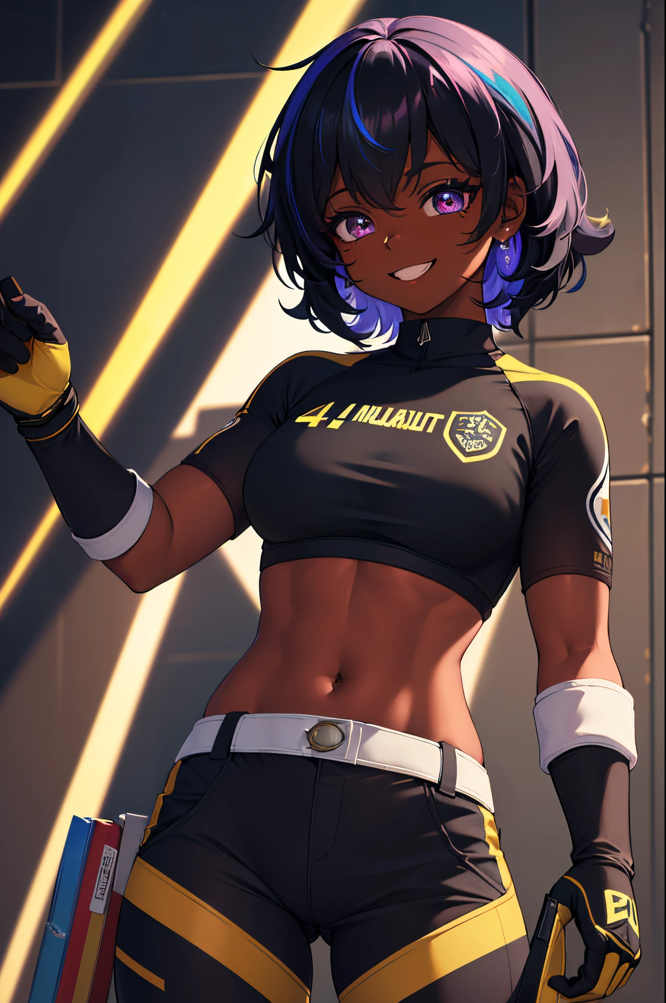 (best quality,4k,8k,highres,masterpiece:1.2),ultra-detailed,Atlas:1.2,(golkeeper),(golkeeper gloves)solitary,black girl,short hair,smiling,Pants,sportswear,soccer field,Diamond,multicolored hair,multicolored eyes