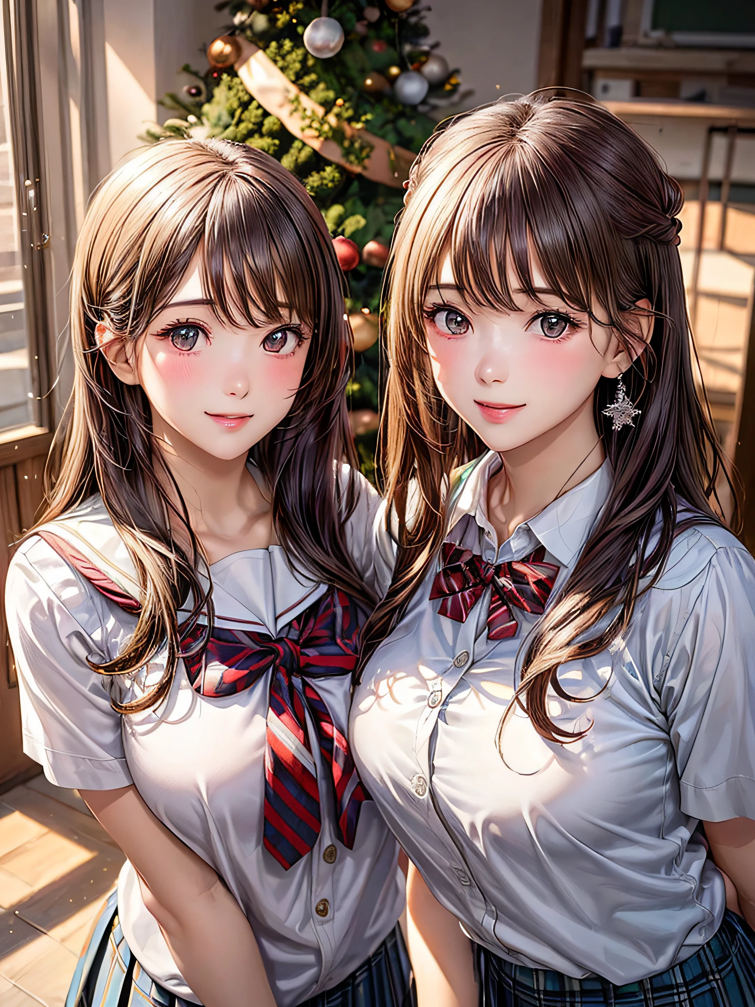 (2girls:1.4), Extremely cute, amazing face and eyes beautiful nice smile), (extremely detailed beautiful face), bright and shiny lips, (School uniform, Pleated skirt:1.3), (Best Quality:1.4), (hyper quality), (Ultra-detailed), (Hyper-realistic, Photorealsitic:1.37), Authentic skin texture, intricate-detail, extremely detailed CG unified 8k wallpaper, RAW Photos, professional photograpy, Cinematic lighting, Exposing, Christmas tree, Christmas Ornaments, Christmas Decorations, Christmas Lights, Christmas Lights,