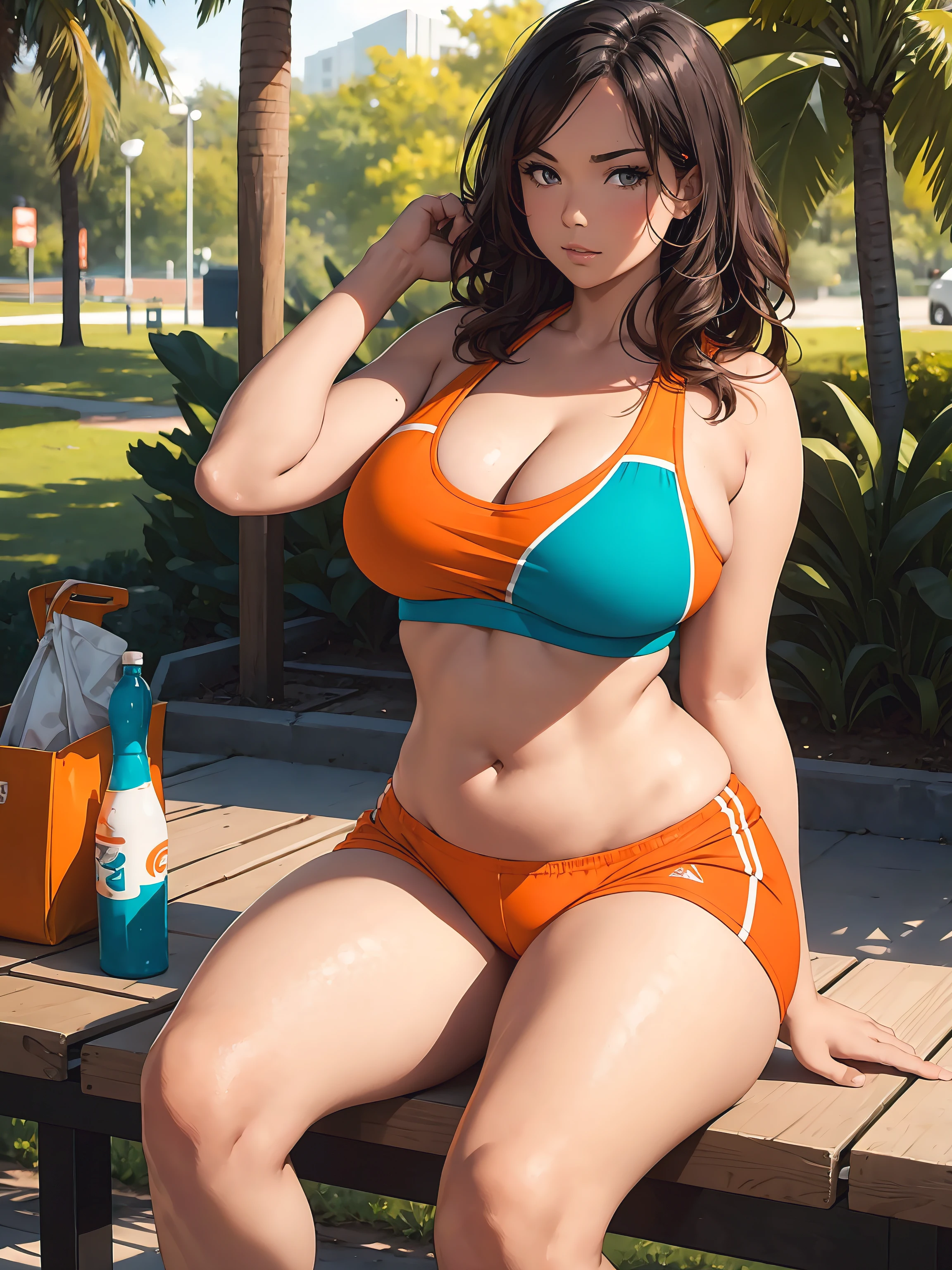 Voluptuous woman with a curvy body, wearing a orange and turquoise sports bra, Sport shorts, in a park, resting on a bench, depth of field, bokeh,