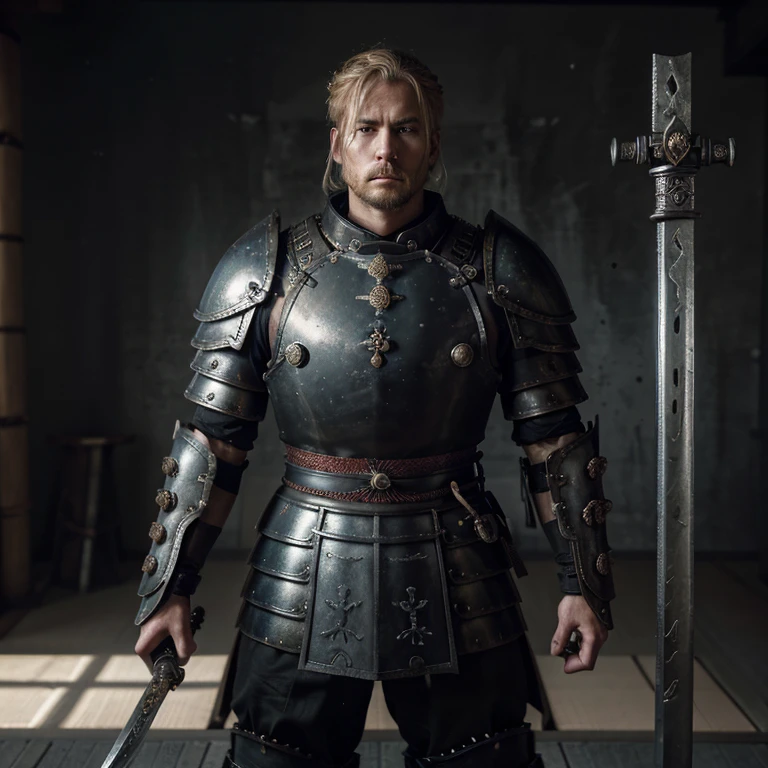 Boys in 8K resolution(full body )shots、splashart、Great cartoon style、blond hair ,Photorealistic boy Roman legionary appearance、Anatomical Photorealistic Digital Painting(shoun:1.ortrait of a boy(samurais:1.3)Black Japan Samurai Armor Complex(heavily armored:1.3)A blond-haired(Dark and moody universe:1.3)、Black clothe,light particules、highlydetailed skin、Demon Slayer、extremely detailed eye、 (Elden Ring-style:1.1)、(warhammer style:1.3)、Concept Artist、globalillumination、depth of fields、splashart、art by:ArtGerm、by Greg Rutkowsky、viktoria gavrilenko,he holds a katana by the hilt, With a large Japan sword in hand,japanese samurai,