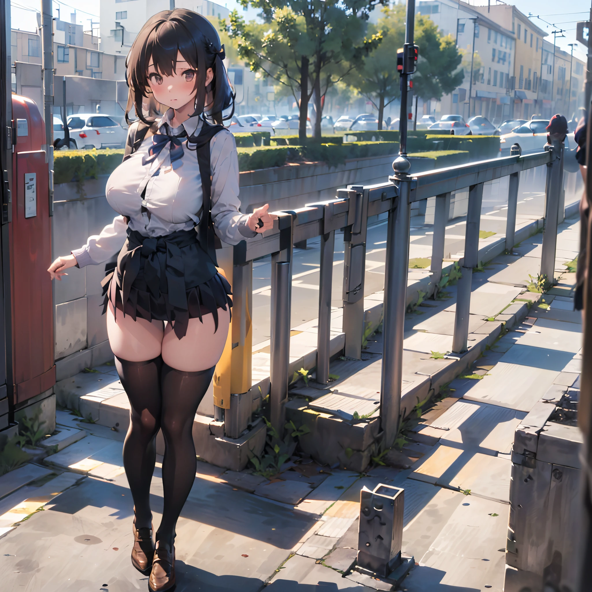 (1 girl standing:1.3), (solo:2.0), (huge perky breasts:1.7), (thin waist:1.3), (thin long legs:1.5), (black thighhighs:1.3), (very short miniskirt:1.8), nose blush, embarrassed, school uniform, cardigan