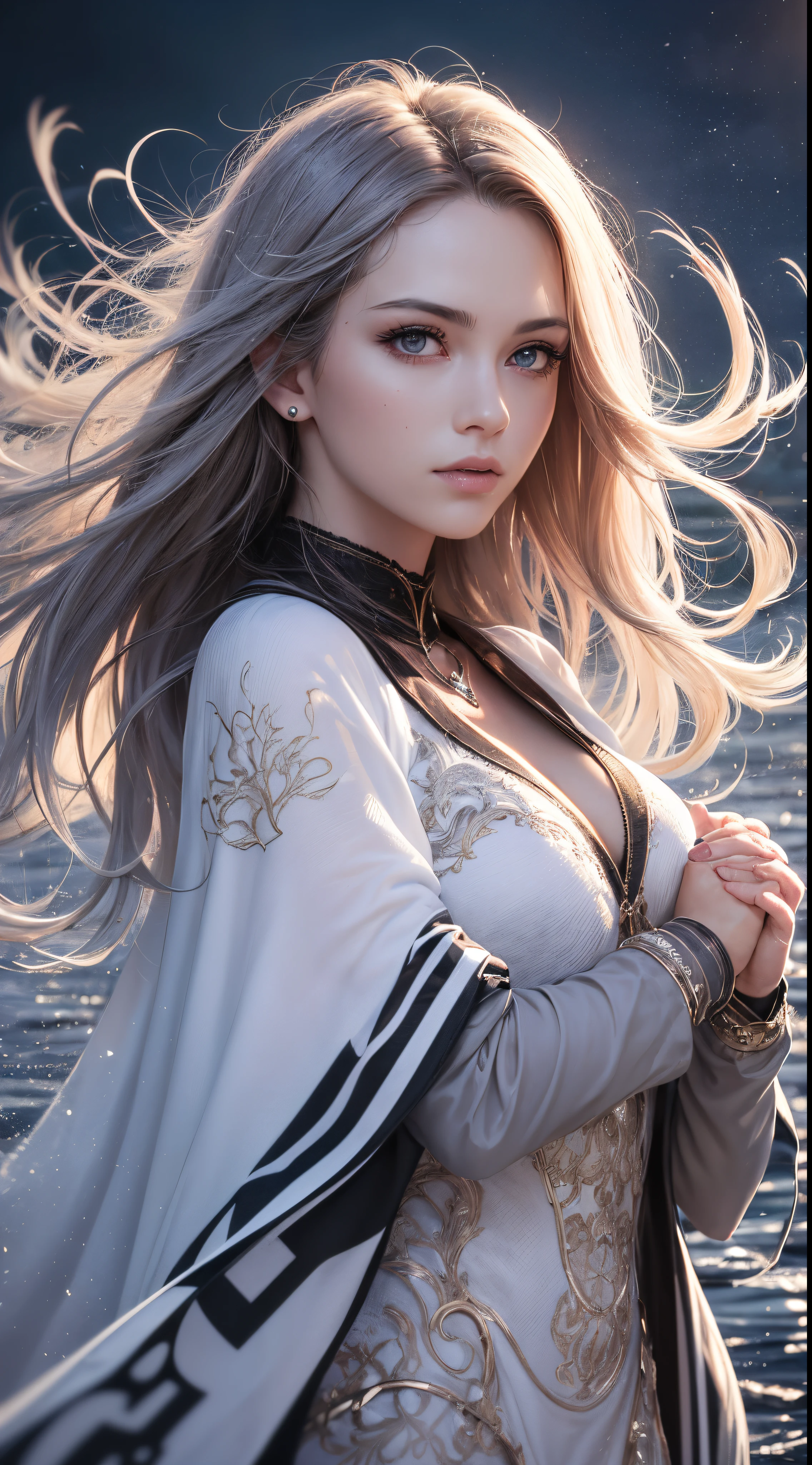 (Skindentation:1.5), Realistic, Photorealistic, (masutepiece:1.5), Concept art, Intricate details, Highly detailed, Photorealistic, Octane Render, 8K, Unreal Engine, Dynamic Pose, Best Quality, hight resolution, (Realistic face:1.1), (hyper realisitic:1.1), ((full_Body)), Perfect eyes,(Shiny skin:1.2), (((Hairstyle))), (((Perfect hand highly detailed background), Haunted Island, ((dynamic background)), ((Lightning)), (llight rays), (1girl in), wearing cloak, (((flowing cloak))), ((Detailed eyes, high quality eyes, face with high quality)), Long hair, (((Flowing hairstyle))), 1girl in ((controlling water)), (((whirlwind of water))), ocean, Tsunami, Magic, (creates a dramatic, depth of fields, Bokeh, 4K, Gothic, ((Sateen)), energy ball between hands
