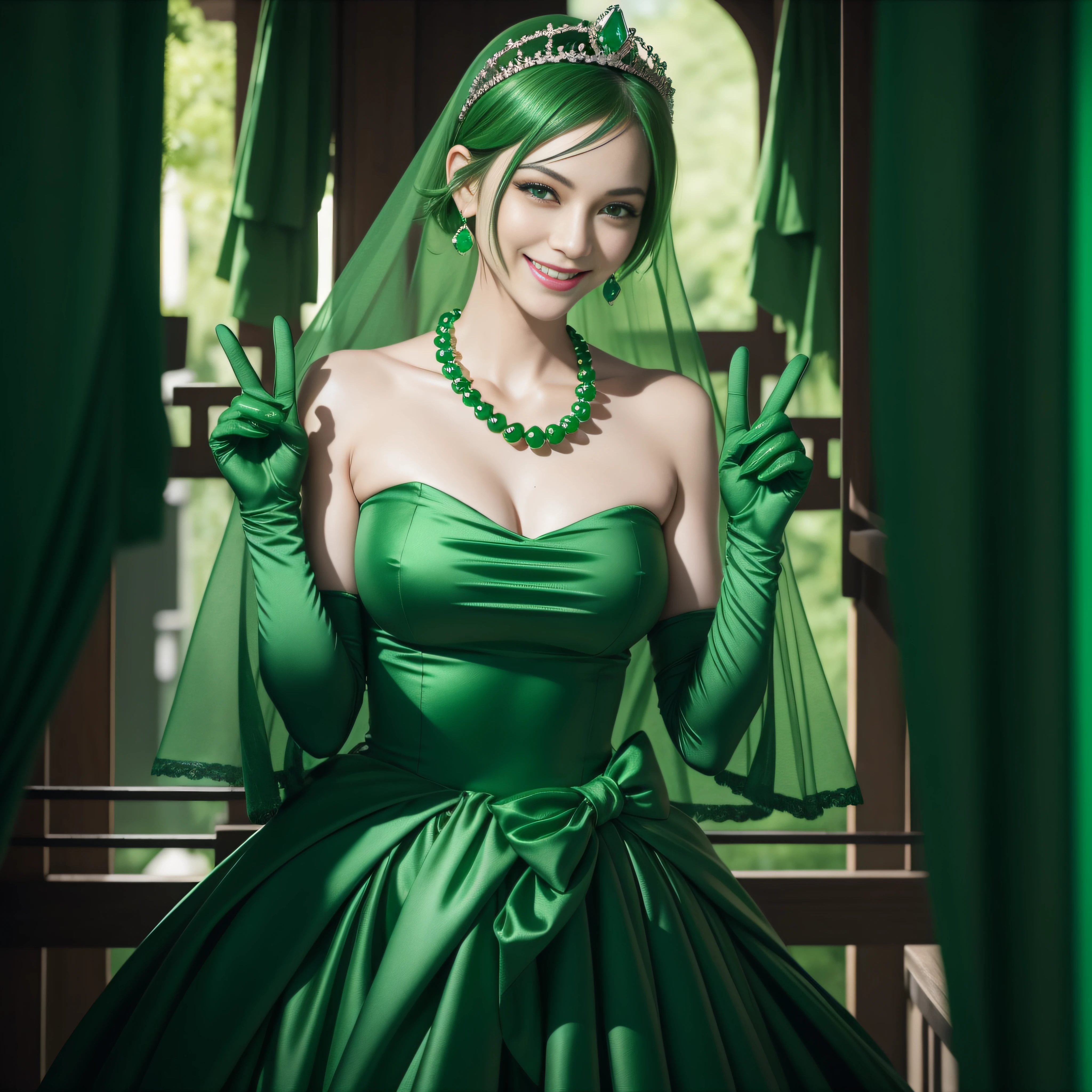 emerald tiara, Green Pearl Necklace, Boyish very short green hair, lipsticks, Japan woman smiling, very short short hair, big breasts beautiful, Green eyes, Long green gloves made of satin material, Green eyes, Emerald Earrings, green vale, v sign