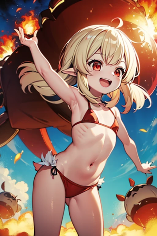 red bikini, , outside, open mouth, smiling, daylight, short, small, pointy ears, blonde hair, dodoco, fire, explosion