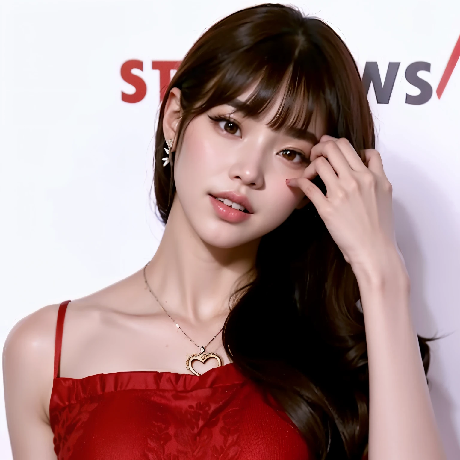 Close-up of a woman in a red dress holding a cell phone, Lalisa Manobal, Bae Suzy, Lalisa Manoban de Blackpink, Linda actriz coreana, iu lee ji-eun as a super villain, Parque Ji-min, Jossi de Blackpink, Flequillo contundente cae sobre su frente, Blackpink Jennie, Lee Ji-eun, Lee Ji - Eun