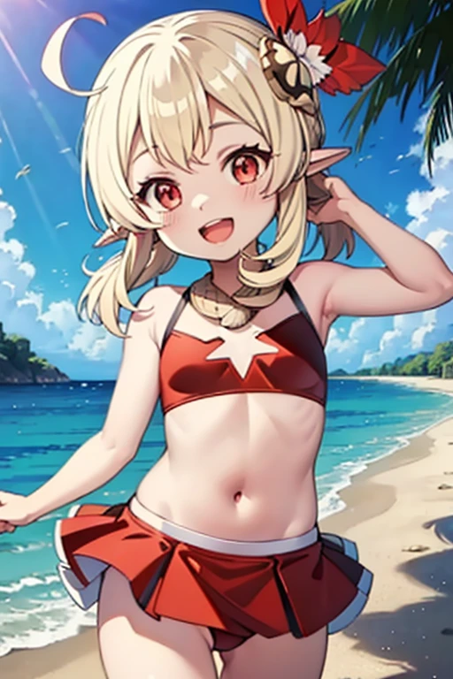 red two-piece swimsuit, loli, outside, open mouth, smiling, daylight, short, small, pointy ears, blonde hair, dodoco, fire