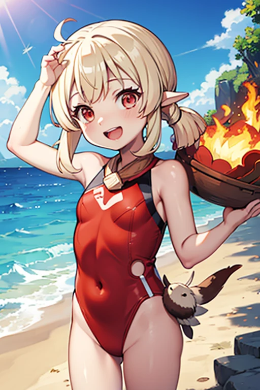 red two-piece swimsuit, , outside, open mouth, smiling, daylight, short, small, pointy ears, blonde hair, dodoco, fire