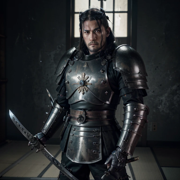 Boys in 8K resolution(full body )shots、splashart、Great cartoon style、blond hair ,Photorealistic boy Roman legionary appearance、Anatomical Photorealistic Digital Painting(shoun:1.ortrait of a boy(samurais:1.3)Black Japan Samurai Armor Complex(heavily armored:1.3)A blond-haired(Dark and moody universe:1.3)、Black clothe,light particules、highlydetailed skin、Demon Slayer、extremely detailed eye、 (Elden Ring-style:1.1)、(warhammer style:1.3)、Concept Artist、globalillumination、depth of fields、splashart、art by:ArtGerm、by Greg Rutkowsky、viktoria gavrilenko,he holds a katana by the hilt, With a large Japan sword in hand,japanese samurai, Sapkowski style, Wither Gerald,