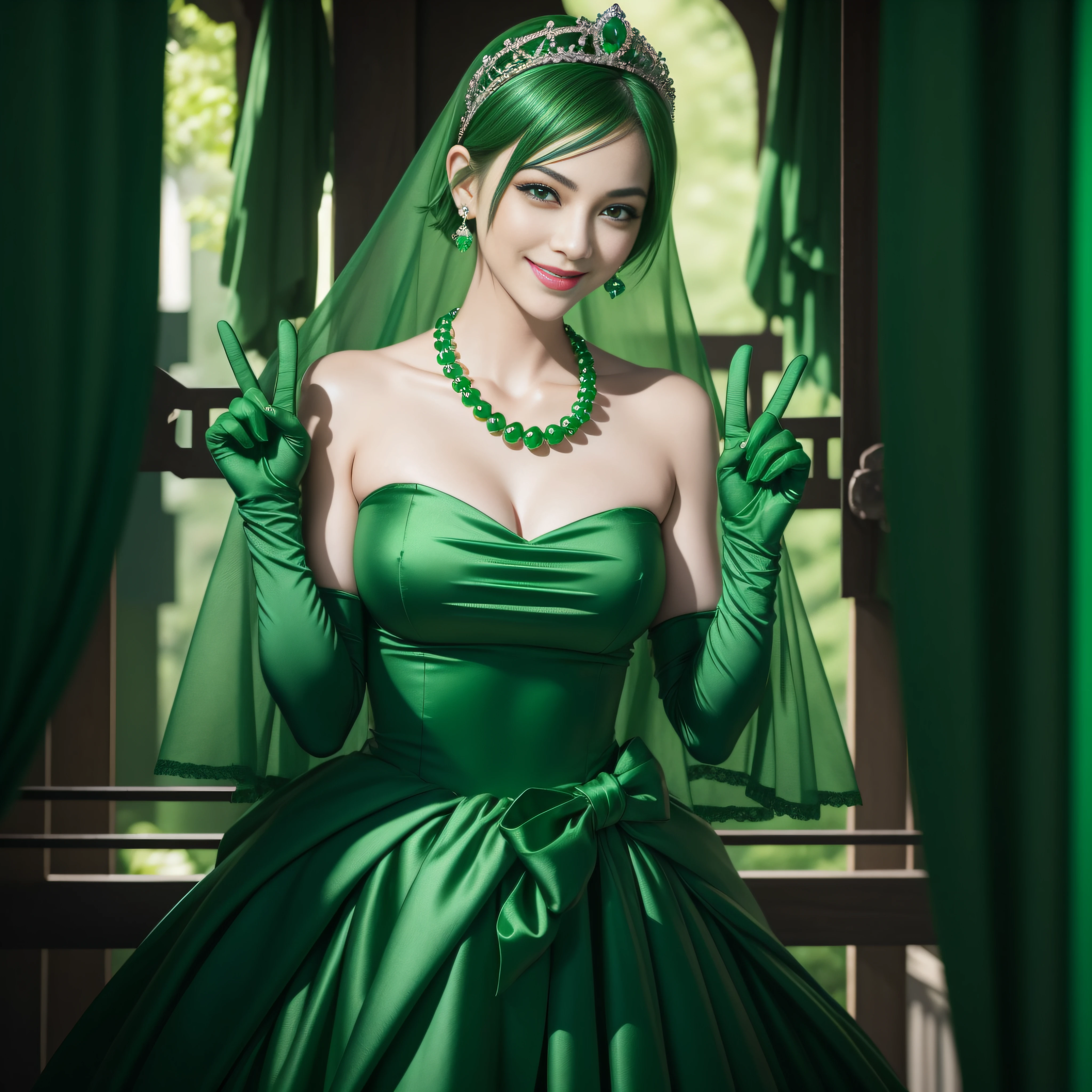 emerald tiara, Green Pearl Necklace, Boyish very short green hair, lipsticks, Japan woman smiling, very short short hair, big breasts beautiful, Green eyes, Long green gloves made of satin material, Green eyes, Emerald Earrings, green vale, v sign