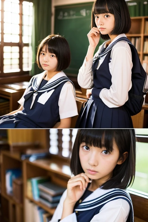 In the classroom of the school、Two beautiful girls、sixteen years old、japanes、Same school uniform、Same sailor suit、short-hair、early evening、serious facial expression、Long skirt、