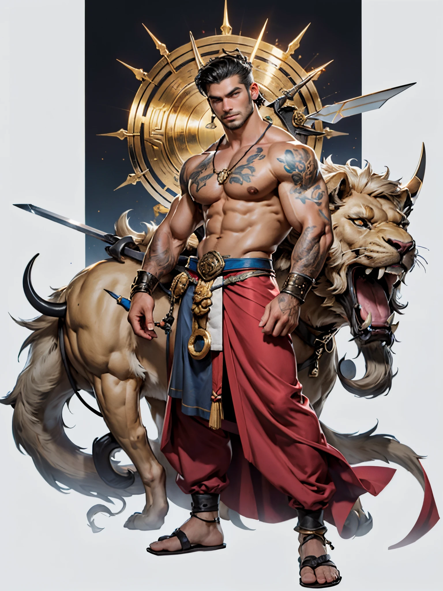 Sculpture design, Figure, (base). male people, warrior, Handsome, muscular, bodybuilder, (with long black hair, grey eyes), red skin, stubble, (shirtless), wearing blue loincloth with gold accents, wearing jewel encrusted harness for weapons, holding sword, (tattoos), gold ornaments, jeweled medallion, golden lion in background, two moons in background, Systemic vision,semi transparent,Computer graphic arts,A high resolution,32K,best qualtiy,hyper HD, dunhuang_background