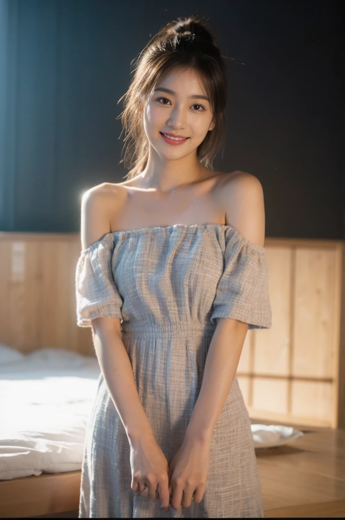 (On a table, Best quality at best, realistically, ultra - detailed, meticuloso, A high resolution, 8k wallpaper), Close-up portrait of a beautiful woman, Chariada, Smiling, light brown messy hair, Perfect dynamic composition, 美丽meticuloso的眼睛, Just like the cover of a fashion magazine, On campus