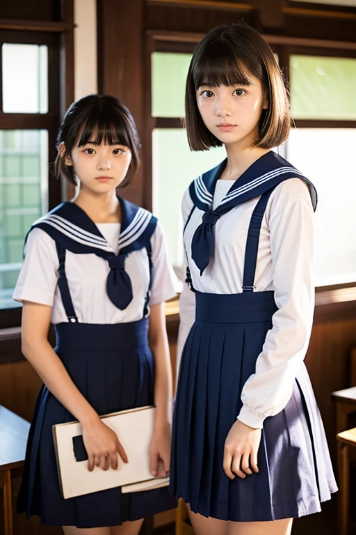 In the classroom of  the school、Two beautiful girls、sixteen years old、japanes、Same school uniform、Same sailor suit、short-hair、early evening、serious facial expression、Long skirt、