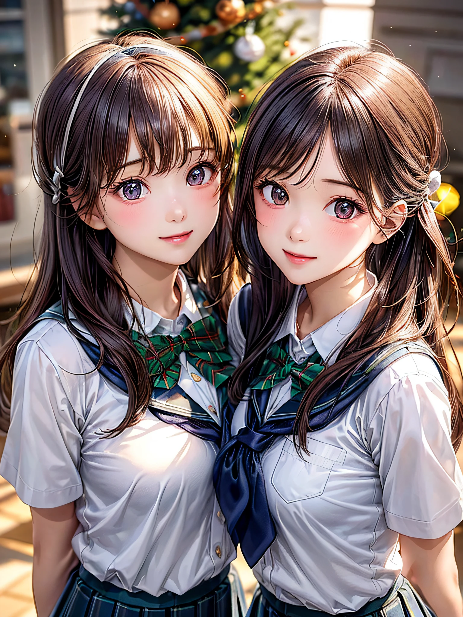 (2girls:1.4), Extremely cute, amazing face and eyes beautiful nice smile), (extremely detailed beautiful face), bright and shiny lips, (School uniform, Pleated skirt:1.3), (Best Quality:1.4), (hyper quality), (Ultra-detailed), (Hyper-realistic, Photorealsitic:1.37), Authentic skin texture, intricate-detail, extremely detailed CG unified 8k wallpaper, RAW Photos, professional photograpy, Cinematic lighting, Exposing, Christmas tree, Christmas Ornaments, Christmas Decorations, Christmas Lights, Christmas Lights,