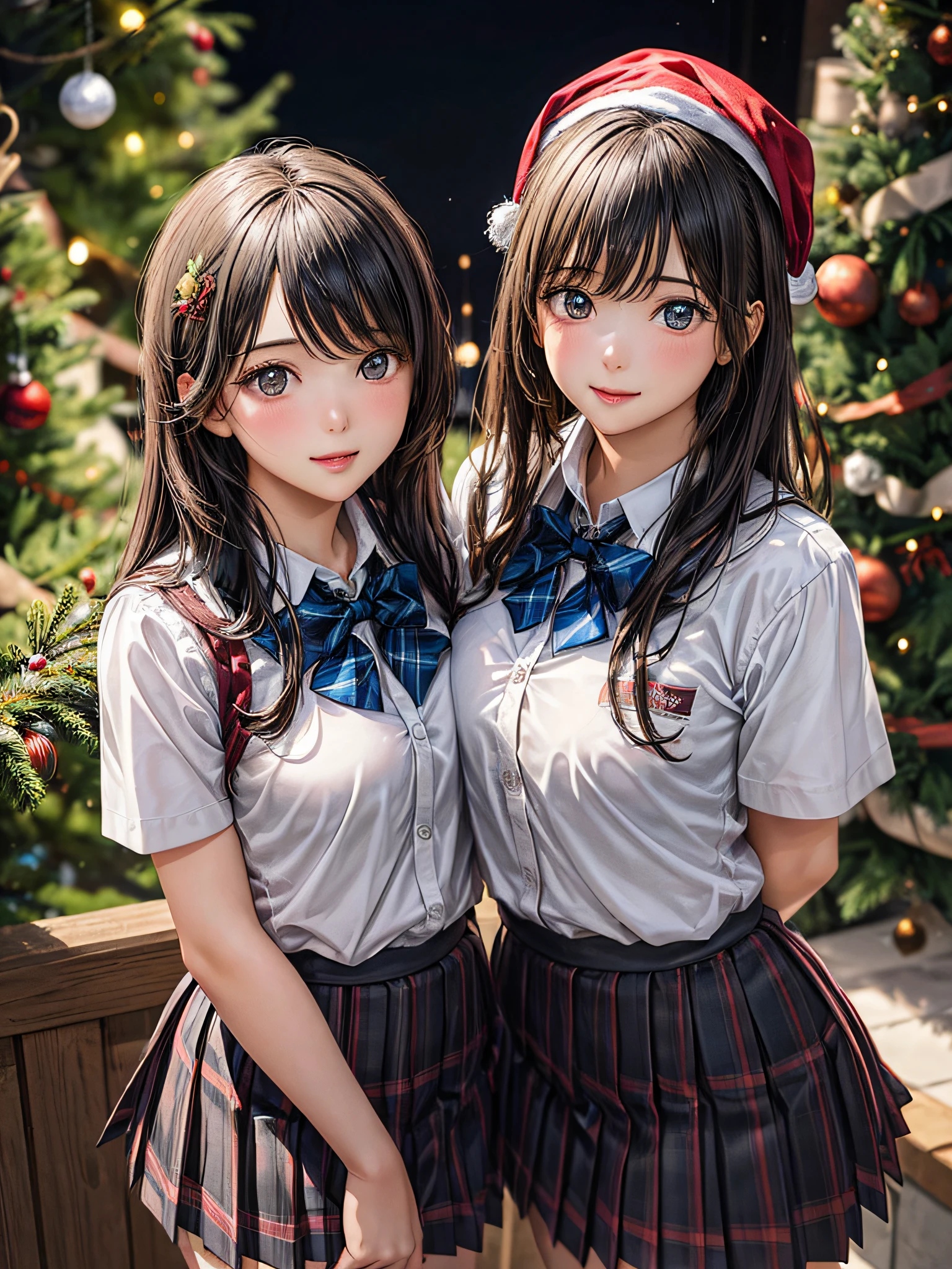(2girls:1.4), Extremely cute, amazing face and eyes beautiful nice smile), (extremely detailed beautiful face), bright and shiny lips, (School uniform, Pleated skirt:1.3), (Best Quality:1.4), (hyper quality), (Ultra-detailed), (Hyper-realistic, Photorealsitic:1.37), Authentic skin texture, intricate-detail, extremely detailed CG unified 8k wallpaper, RAW Photos, professional photograpy, Cinematic lighting, Exposing, Christmas tree, Christmas Ornaments, Christmas Decorations, Christmas Lights, Christmas Lights,