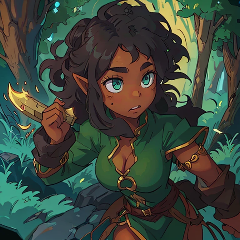Female. Black woman. Darker skin. Super curly 3c hair. Brave adventurer. Dnd fantasy world. Druid. Elf woman. 20 years old. Curly dark hair in a bun. Druid elf. Bright green eyes with golden flakes. Loves animals. Clothes covering most skin