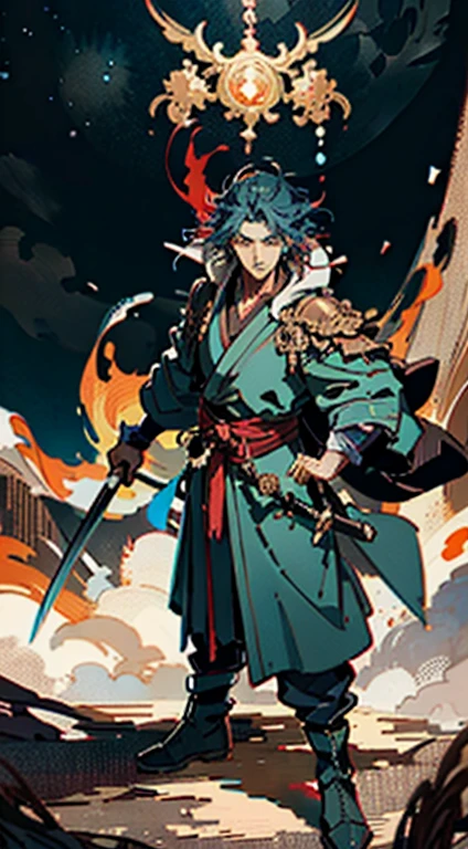 A young man with long slate-blue hair, disheveled and flying hair, sharp gaze, a resolute countenance, he has a mixed West Asian and Eastern European appearance, a fantasy wuxia-style tight-fitting trench coat robe, with a flowing hem,holds Japanese katana in right hand, the color scheme is mainly white, with red and white-blue as secondary colors, dark trousers, thick cloth boots, he stands in a majestic posture, while the surrounding space shatters and ruptures with energy, this character embodies a finely crafted fantasy-style Chinese martial  anime style, characterized by an exquisite and mature manga illustration art style, full body character drawing, high definition, best quality, highres, ultra-detailed, ultra-fine painting, extremely delicate, professional, anatomically correct, symmetrical face, extremely detailed eyes and face, high quality eyes, creativity, RAW photo, UHD, 8k, Natural light, cinematic lighting, masterpiece:1.5